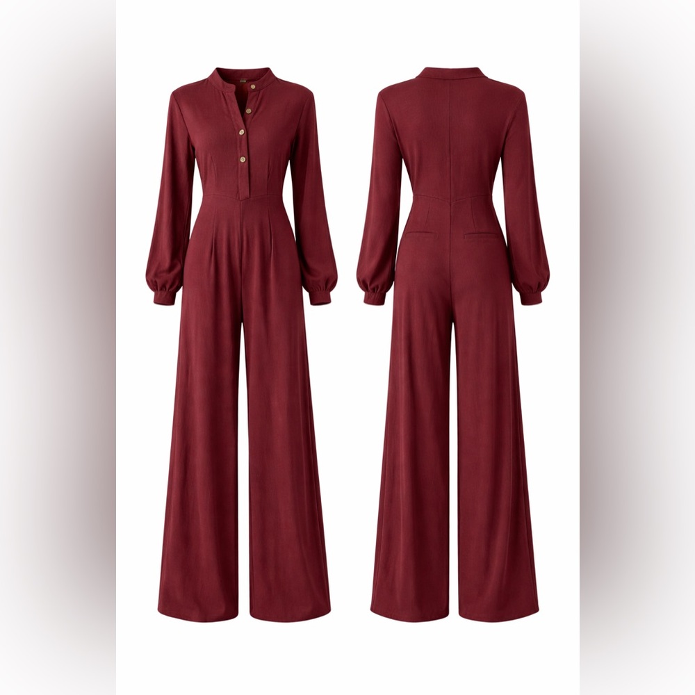 Halara XS Regular Burgundy Long Sleeve Henley Wide Leg Jumpsuit NWT - Picture 2 of 3